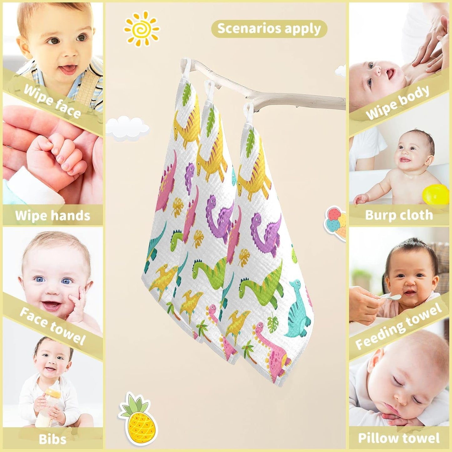 Cartoon Dinosaur Baby Muslin Washcloths Cute Burp Cloths Soft Absorbent Baby Wash Cloth Fingertip Face Towels for Newborn Boys Girls 12 x 12 in, 3 Pack