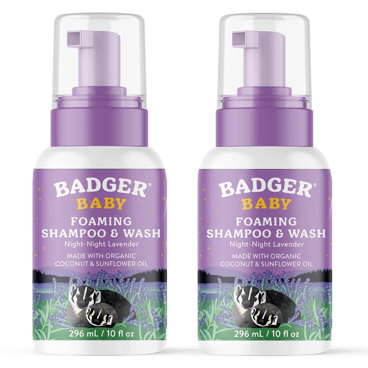Badger Foaming Baby Shampoo and Body Wash, Gentle Organic Baby Wash w/Mild Calming Scent of Lavender, Long Lasting Foam & Easy to Use Sustainable Bottle, 10 fl oz, 2-Pack