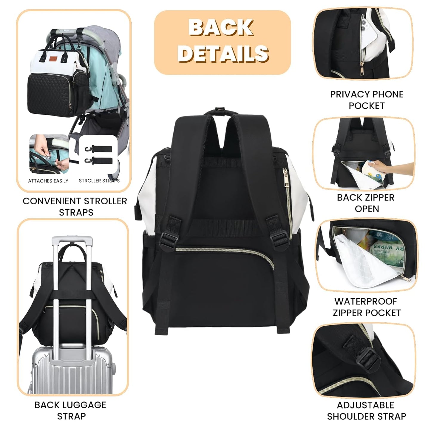 Baby Diaper Bag Backpack with Changing Pad, Pacifier Case, for Boy Girl Toddler - Large, Stylish, Waterproof Travel Quilted Diaper Bag for Mom - Black/White