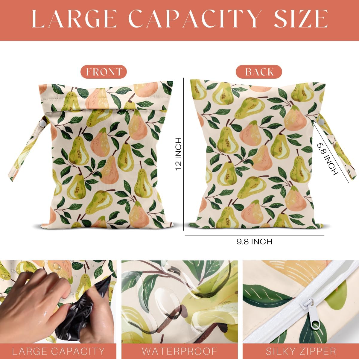 4 Pack Cute Fruit Wet Bag Waterproof Washable Reusable Wet Dry Bag for Swimsuit Dirty Clothes Bathing Cloth Diaper Travel Beach Pool Yoga Gym Toiletries Travel Beach Essentials Pear Lemon Peach