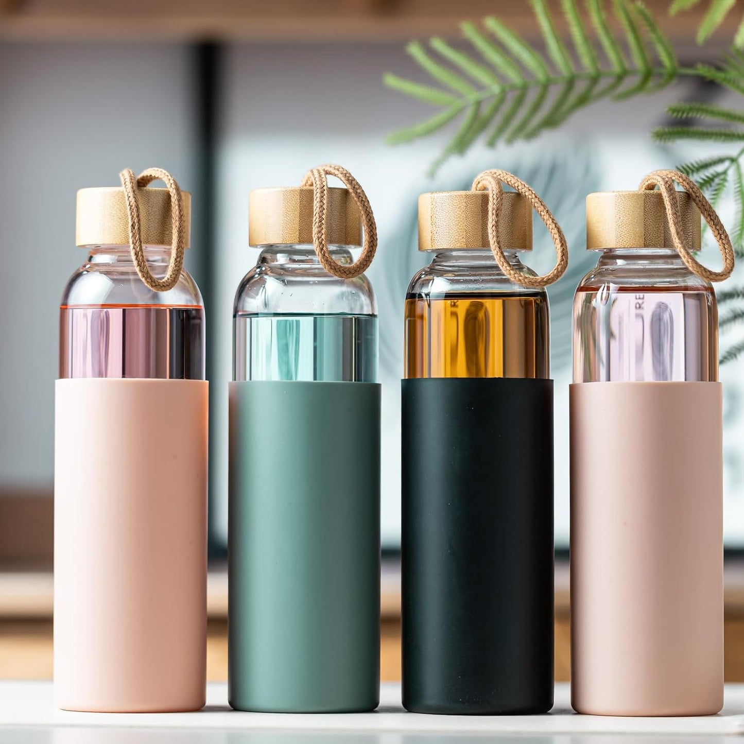 21oz Glass Water Bottle with Silicone Sleeve & Bamboo Lid, BPA Free Reusable Water Bottle Glass for Gym Office Travel, Gift for Fitness Enthusiasts (Pink+Black)