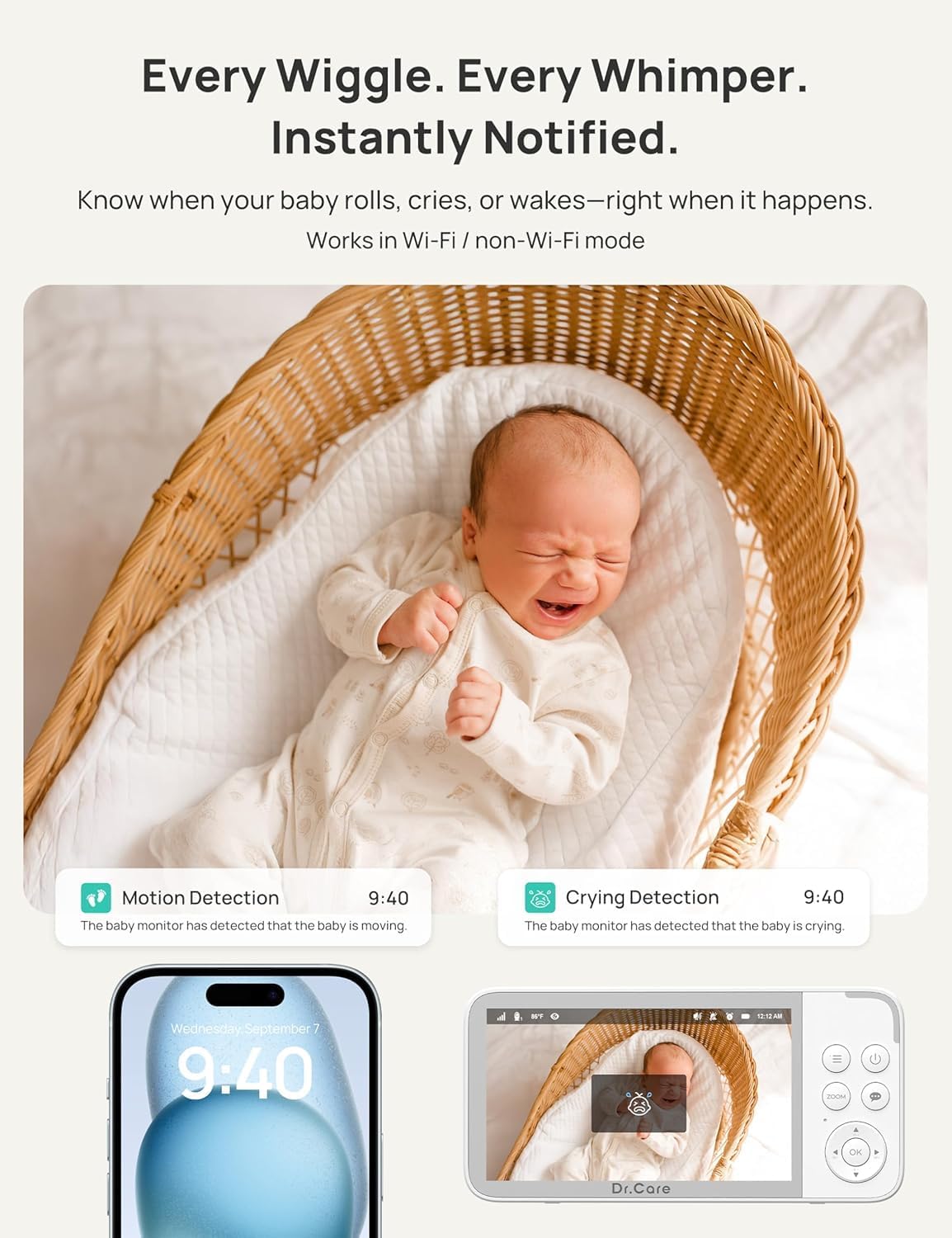 Dr.Care VistaView Smart WiFi Baby Monitor with 2 Cameras- 5” 1080P Split Screen & 2K Camera App Control, Cry & Motion Alerts, Night Vision, 5000mAh Battery, 2-Way Talk, Triple Security, 1279ft Range