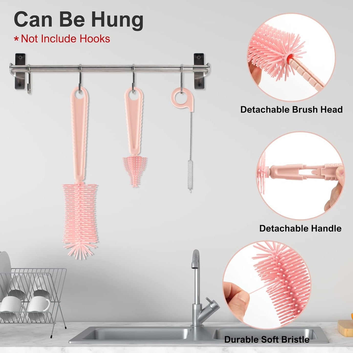Baby Bottle Brush Set-6 in 1 Bottle Brush Cleaner with Silicone Bottle Brush,Drying Rack,Nipple Brush,Straw Brush,Soap Dispenser&Storage Box-Baby Essentials Gifts for Home&Travel(Pink)