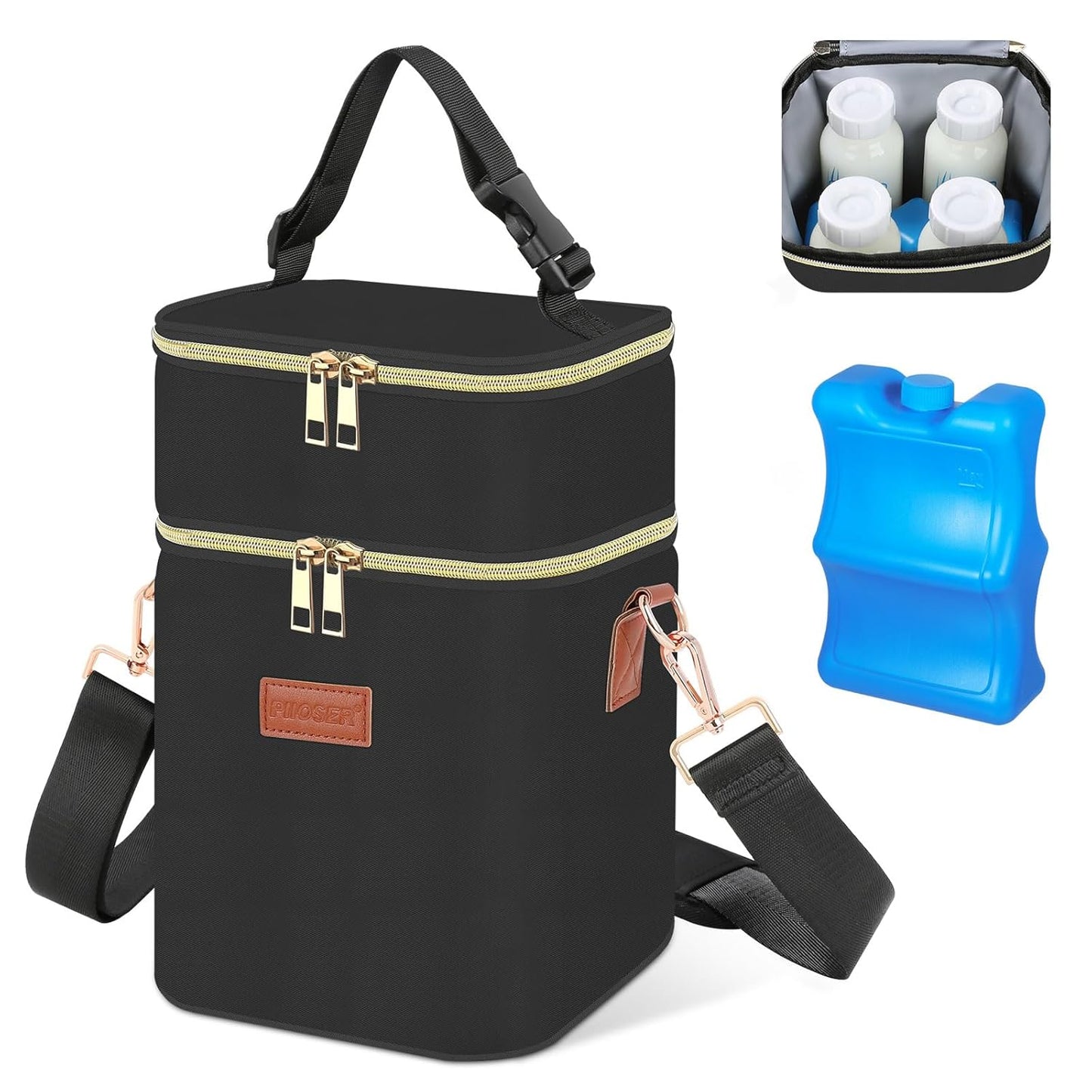 PIIOSER Baby Bottle Tote Bag with Ice Pack, Fits 4 Baby Bottles Up to 9 Ounce, Small Insulated Breastmilk Cooler Travel Bag with Shoulder Strap for Nursing & Working Mom Daycare (Black-S)
