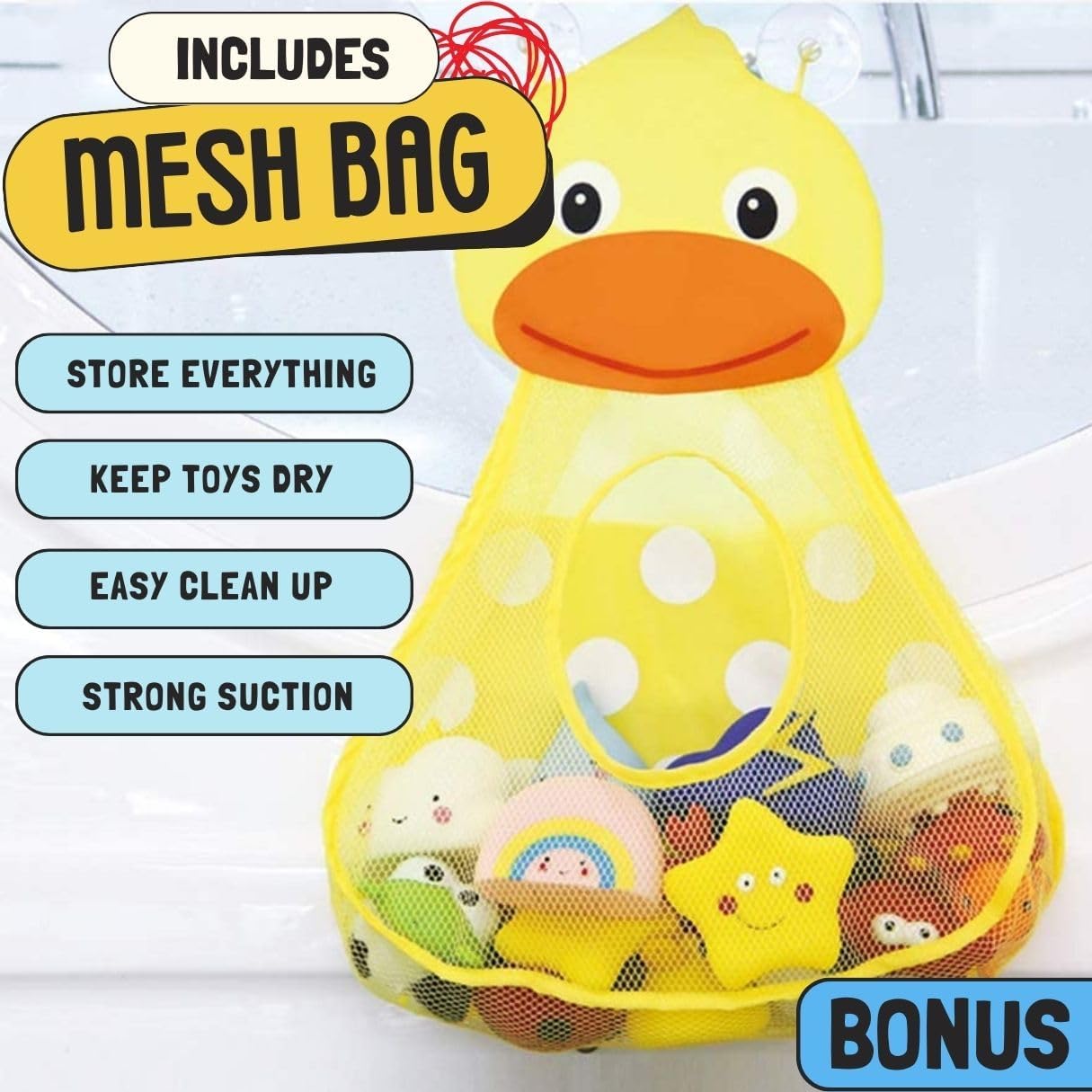 12 PCS Light Up Bath Toys with Duck Mesh Tub Storage Organizer, Toddler Flashing Color Changing LED Bathtub Mermaid Toy in Water for Kids