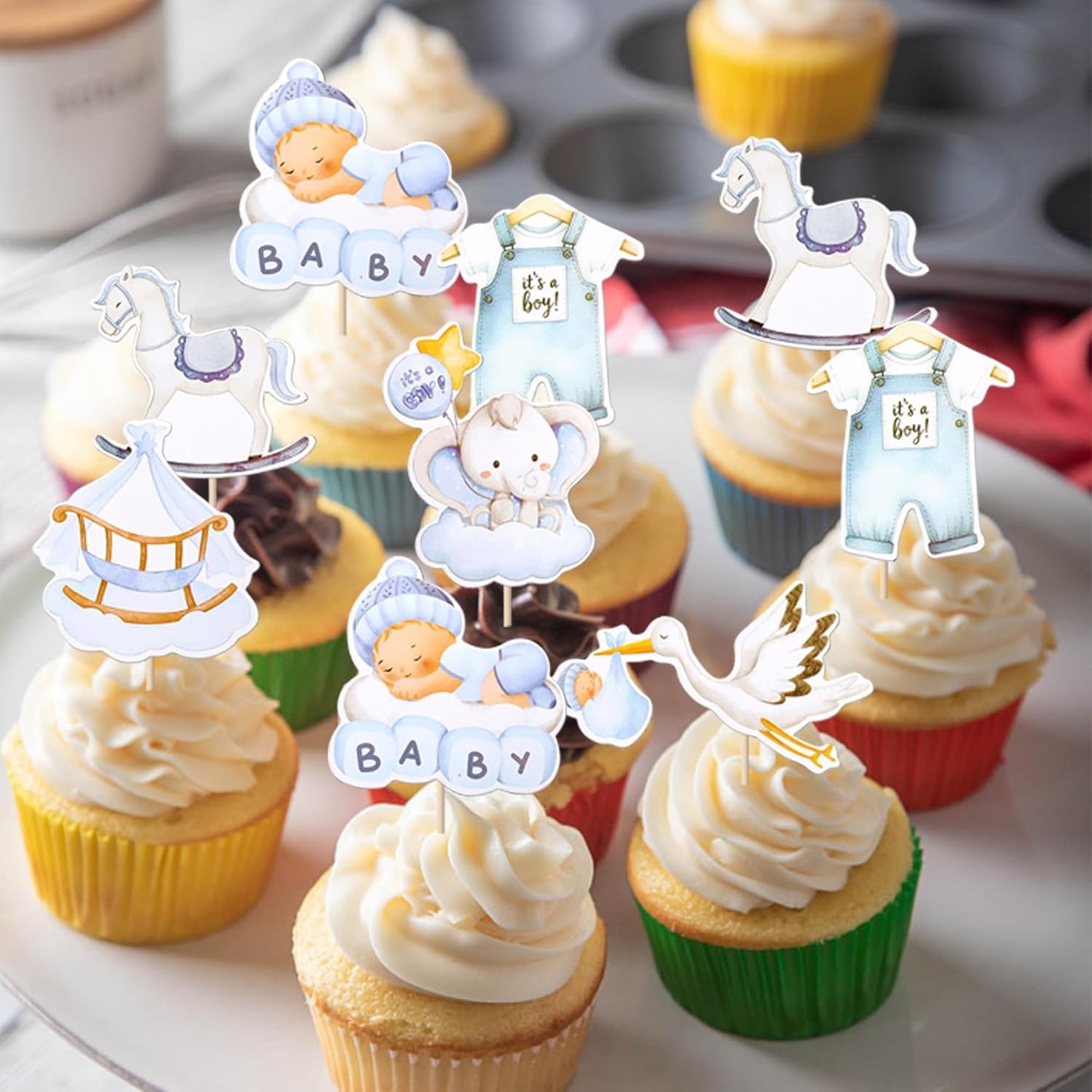 Rsstarxi 36 Pack Baby Cupcake Toppers - Boy Shower Decorations, Swan Elephant 'It's a Boy' Picks for Baby Boys Birthday Party Cake Decorations