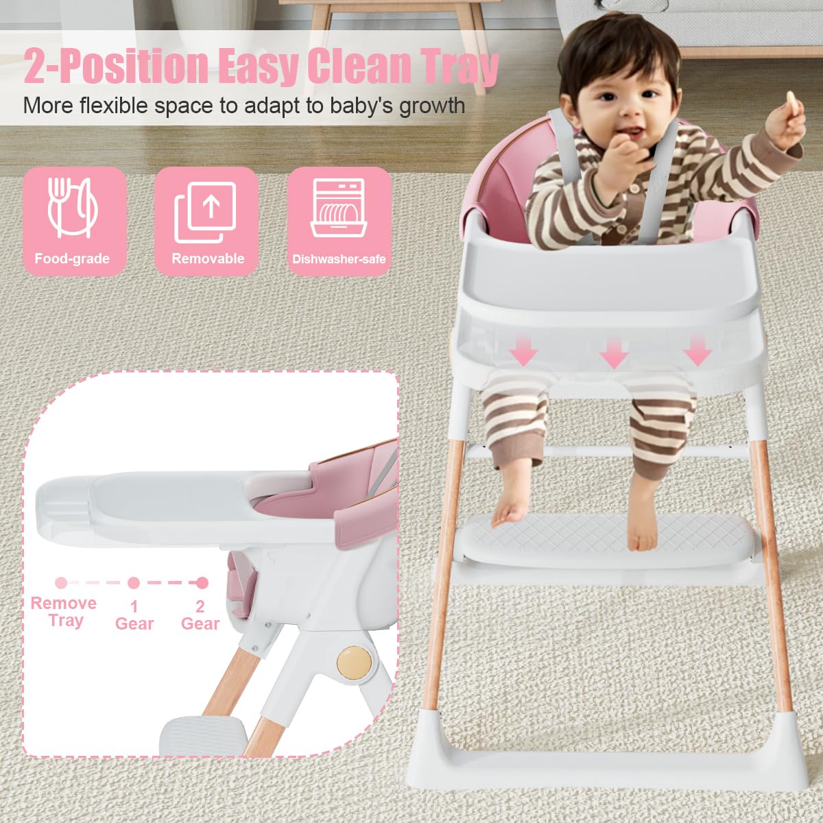 Baby High Chair, High Chairs for Babies and Toddlers, Convertible Folding High Chair with Removable Tray 5 Point Harness Footrest Detachable PU Cushion, Portable Highchair for Baby Toddlers