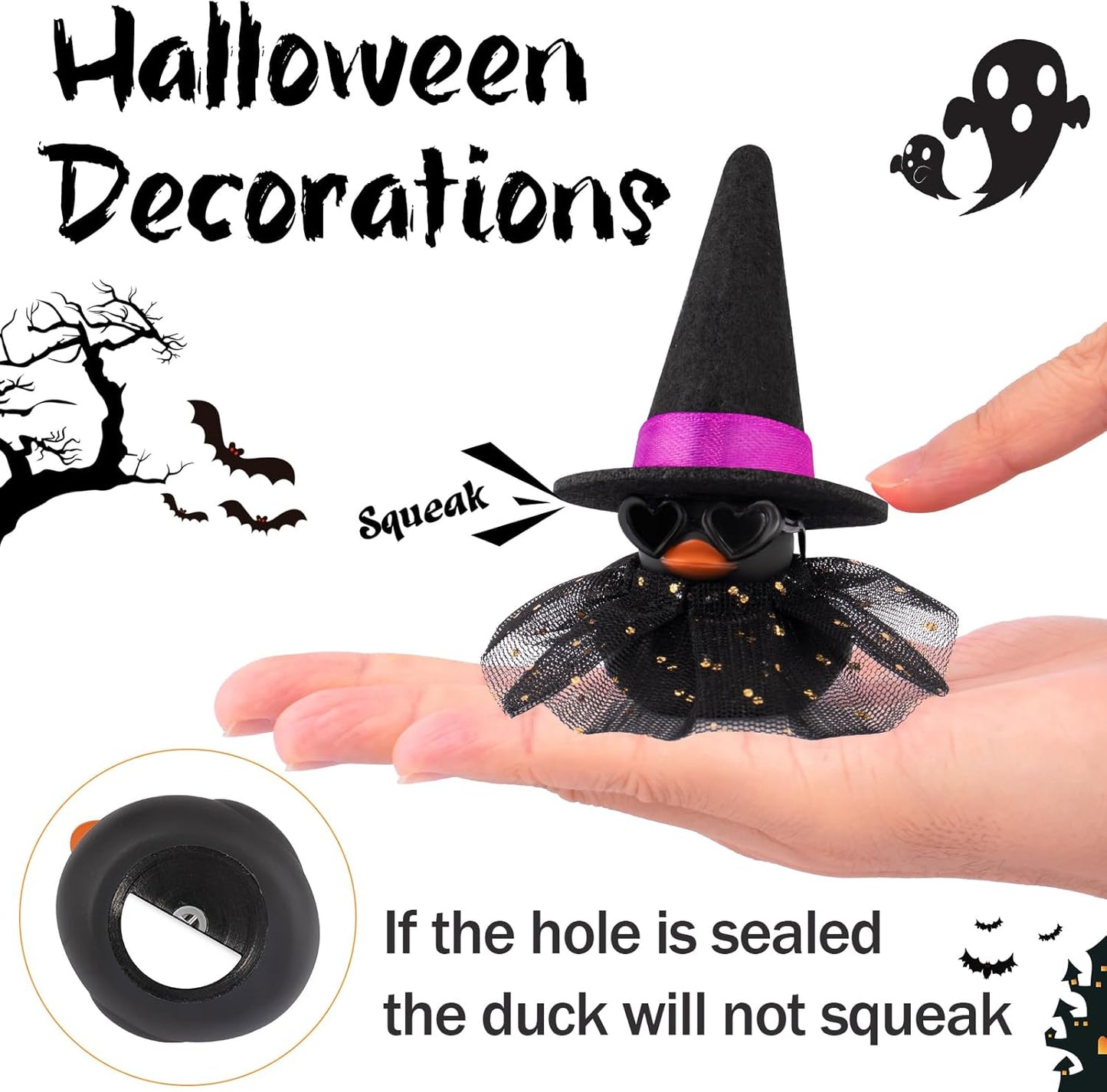 wonuu Car Dashboard Witch Black Rubber Ducks for Halloween, Decorations Duck for Office Desk Ornament Accessories with Hat Glasses Skirt, Blue