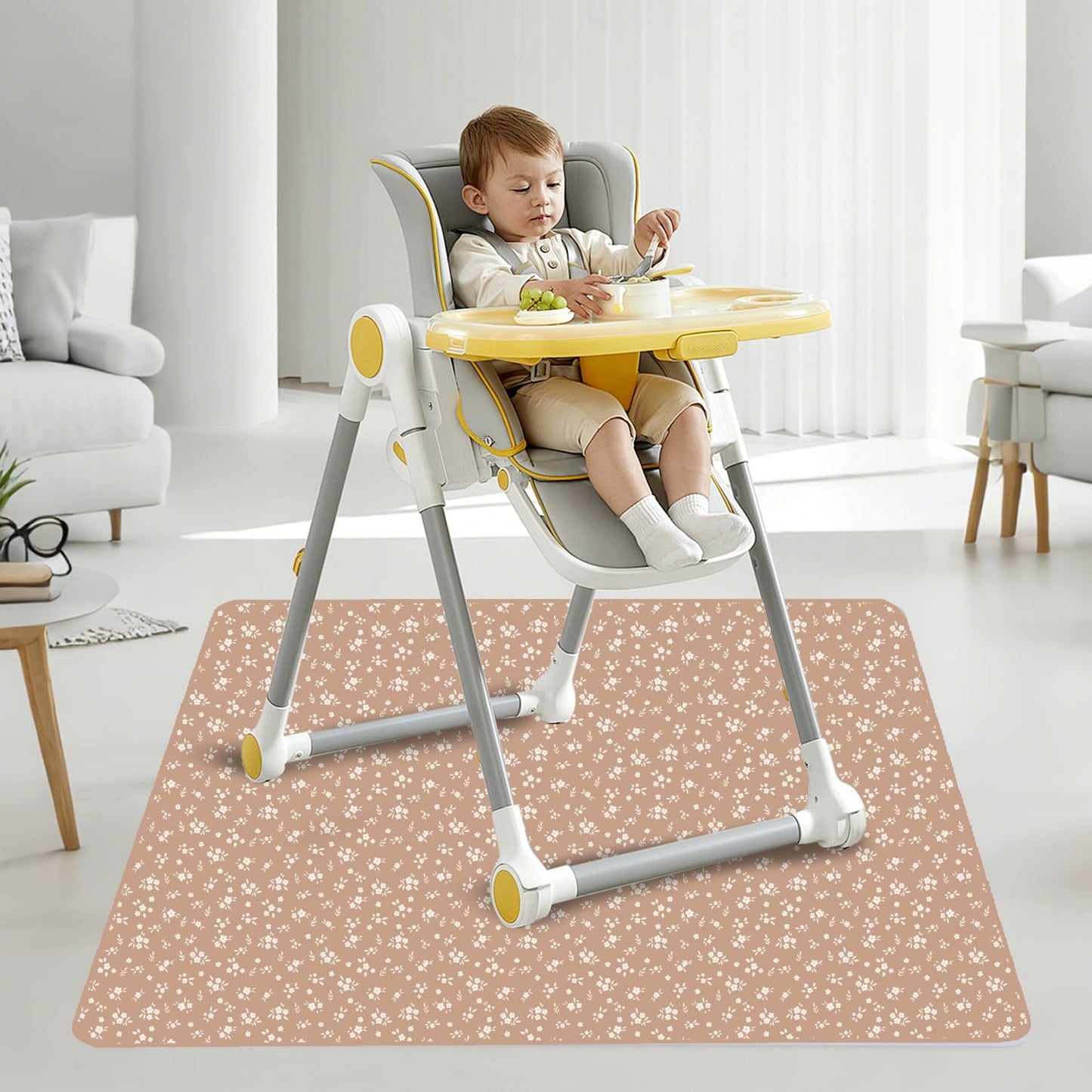 Baby Splat Mat for Under High Chair, 51 x 51 Inch Wipeable Splash Mat，Floor Protector，Wipe-Clean Tablecloth and Playing Mat (Flower)