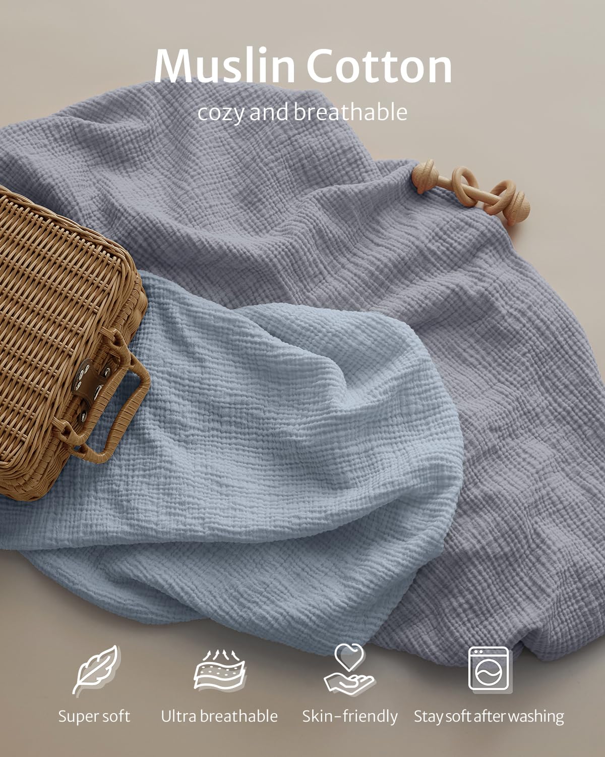 Blissful Diary Muslin Mini Crib Sheets, Pack and Play Mattress Sheets Fitted for Pack N Play, Soft Cotton for Boys Girls, 2 Pack(Light Blue&Grey)