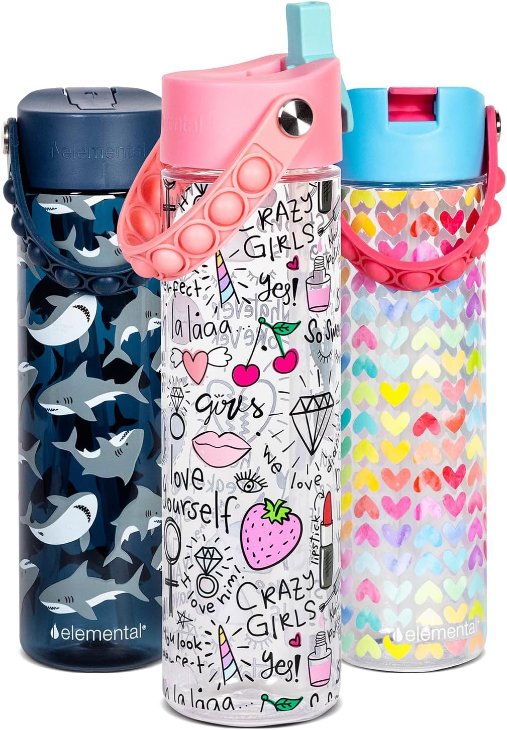 Elemental Splash Water Bottle with Straw - BPA-Free Tritan Plastic Reusable Water Bottle with Pop It Strap - Ideal for Travel, Gym and Sports - Leak Proof when Spout is Closed - 26oz - Girl Power
