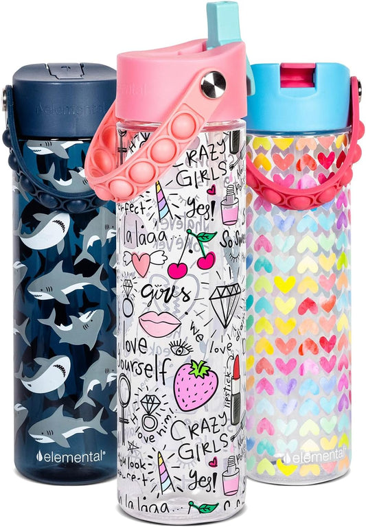 Elemental Splash Water Bottle with Straw - BPA-Free Tritan Plastic Reusable Water Bottle with Pop It Strap - Ideal for Travel, Gym and Sports - Leak Proof when Spout is Closed - 26oz - Girl Power