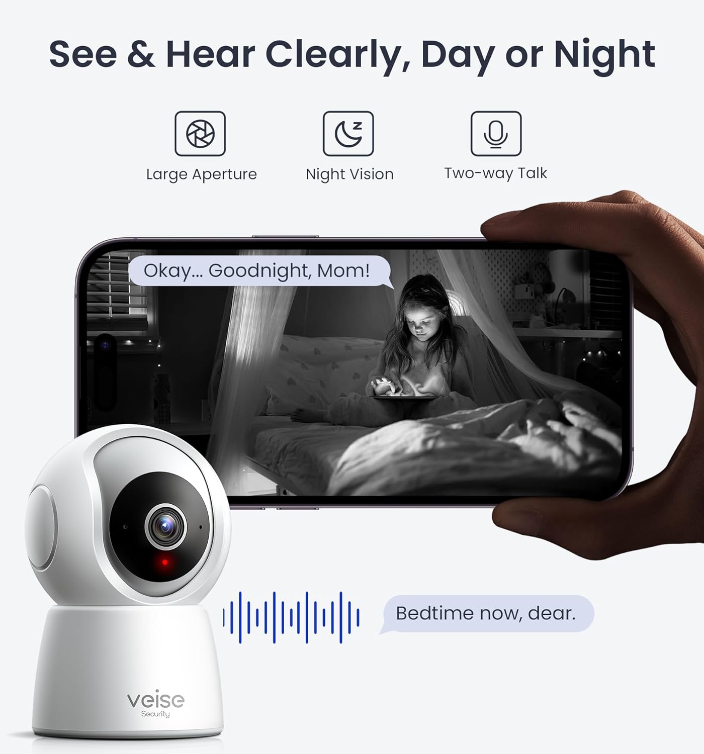 Veise 2K Security Camera Indoor 2.4GHz, 360° Pan/Tilt Cameras for Home Security, Pet & Baby Monitor, Motion Tracking, Voice Control, 2-Way Audio, IR Night Vision, Cloud &SD Card Storage, White
