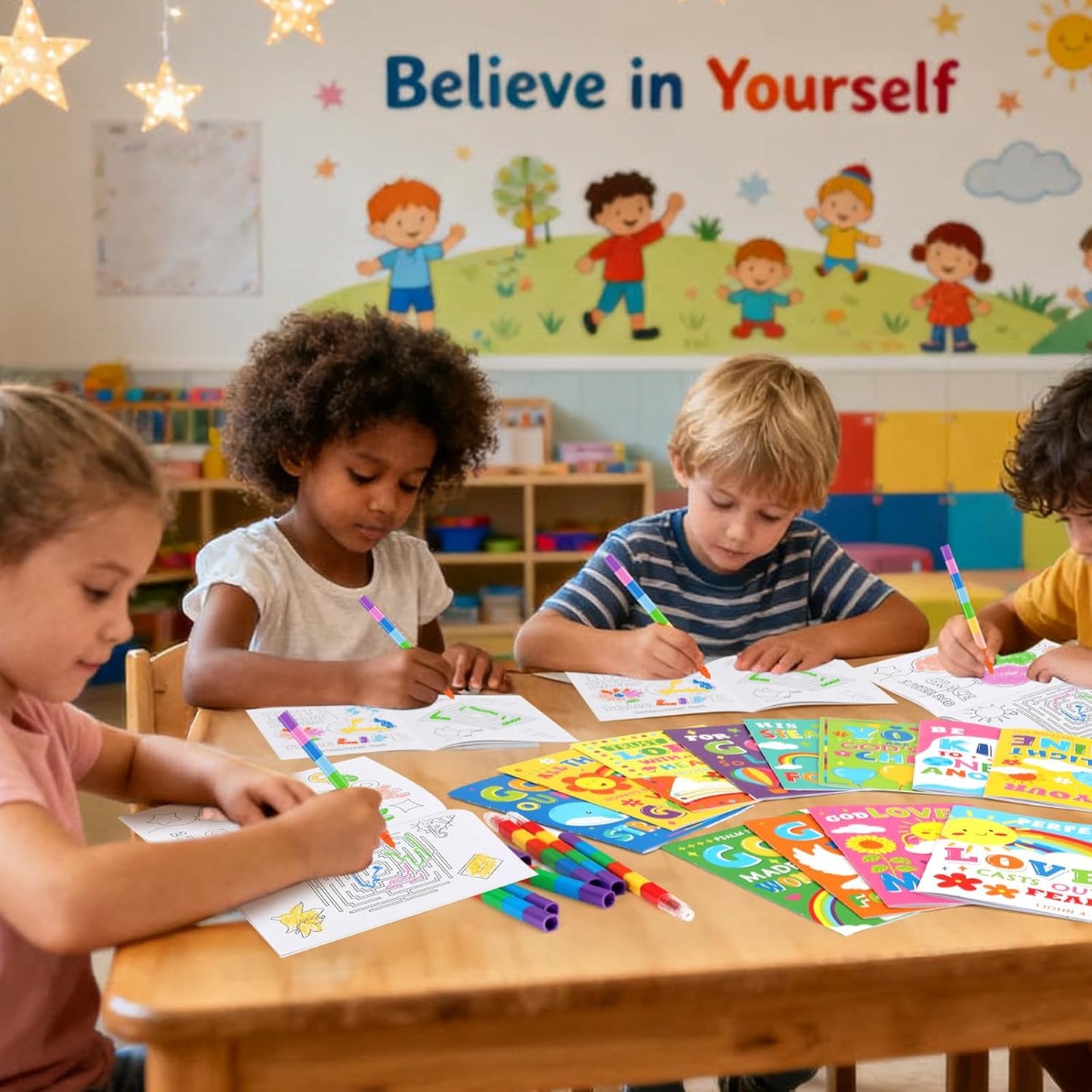 BenLouis 12 Bible Verses Mini Coloring Books Kids with 12 Stacking Crayons Christian Party Favors Small Activity Books Bulk for Kids Sunday School Religious Church Party Gift Goodie Bag Stuffers