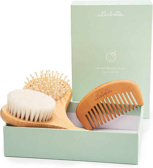 Ullabelle 3 Piece Wooden Baby Hair Brush and Comb Set for Newborns & Toddlers in Chic Gift Box - Ultra Soft Natural Goat Hair and Wood Baby Brush Set Prevents Cradle Cap - Perfect Registry Gift (Sage)