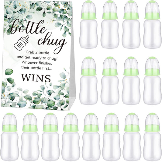 TrelaCo Bottle Chug Baby Shower Game 20 Pcs Baby Bottles Shower Favor with 1 Greenery Theme Sign for Gender Reveal Party Supplies Gifts(Green)