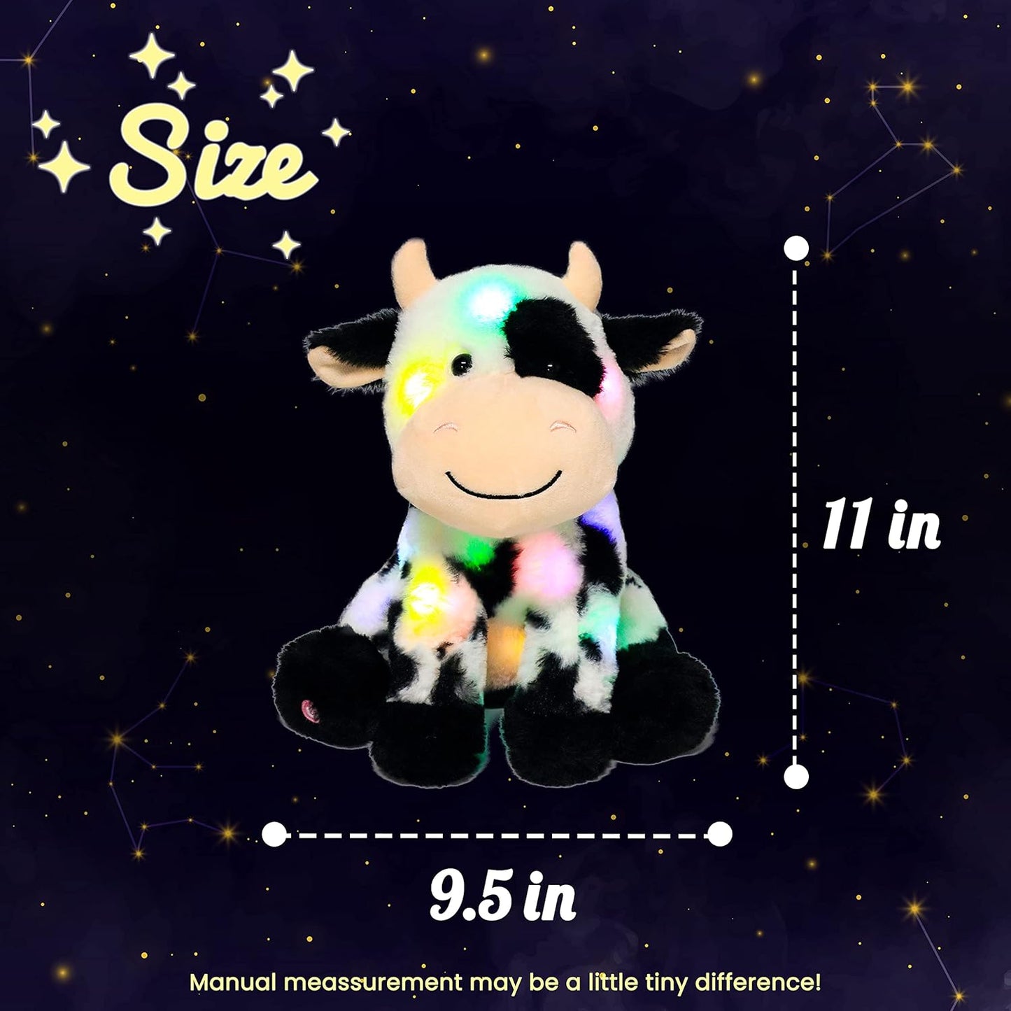 Hopearl LED Plush Smile Cow Light up Stuffed Animal Diary Cattle Floppy Night Lights Glow in The Dark Birthday Festival for Kids Toddler Girls, 11''