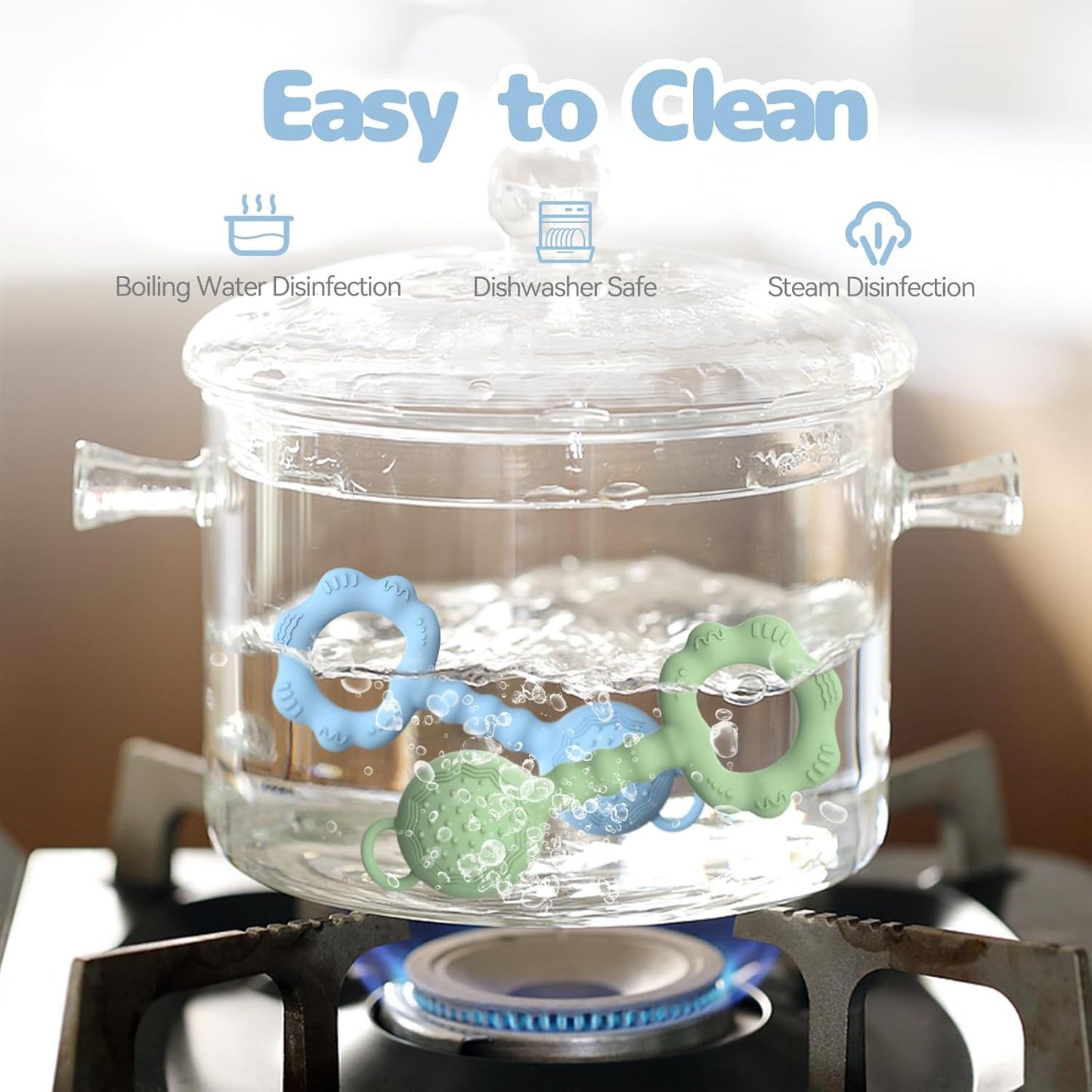 2 Pcs Baby Rattle Teether, 2-in-1 Rattle and Teether Toy for Soothing Sore Gums and Keeps Little Ones Entertained, Food Grade Silicone (Blue+Green)