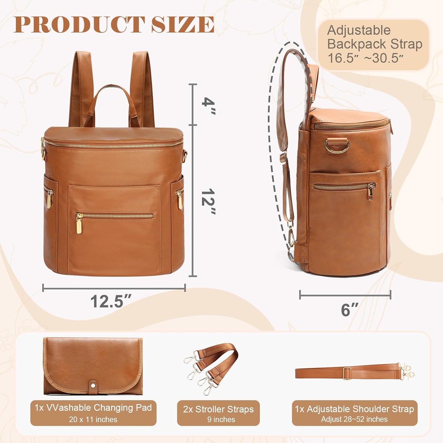miss fong Diaper Bag Backpack Baby Diaper Bag, Large Leather Diaper Backpack with 16 Pockets Travel Diaper Bag with Diaper Changing Pad, Stroller Straps & 2 Insulated Pockets (Regular, Cognac)