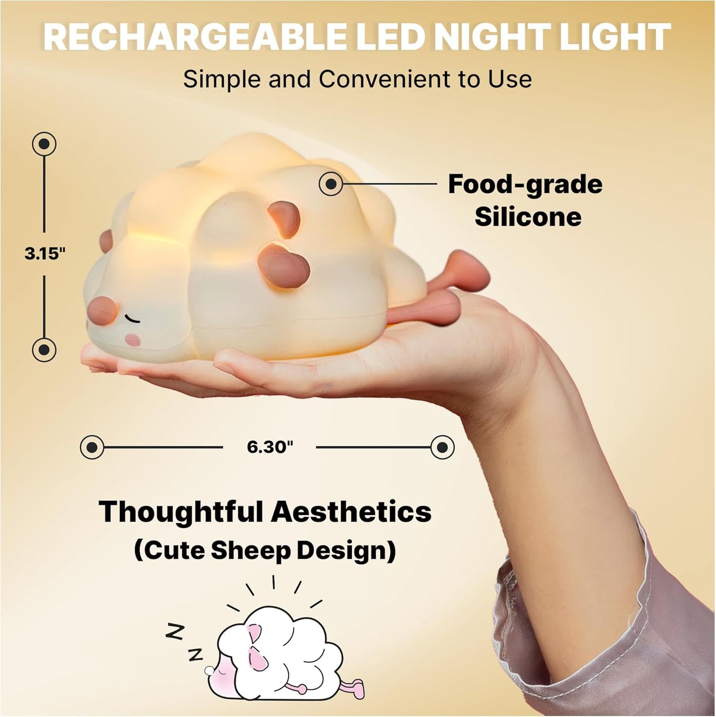 Rechargeable LED Night Light, Soft Silicone Touch Lamp with 3-Level Dimming, 30-Min Timer, Squishy BPA-Free Design, Perfect for Breastfeeding, Nursery, and Baby Room Decor (Sheep)
