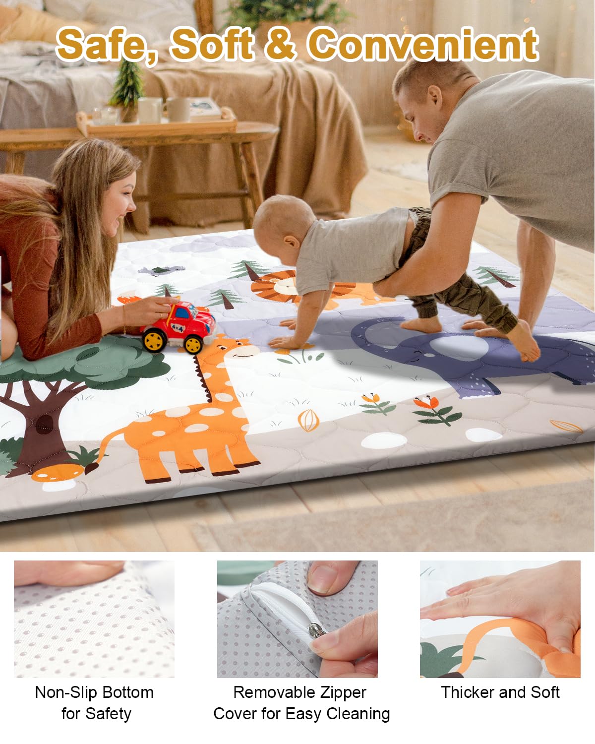 Premium Foam Baby Play Mat 74" x 50" – Removable & Machine Washable Cover, Extra Thick Padding Playpen Mat, Non-Slip Crawling Mat, Easy to Clean for Infants, Toddlers & Babies