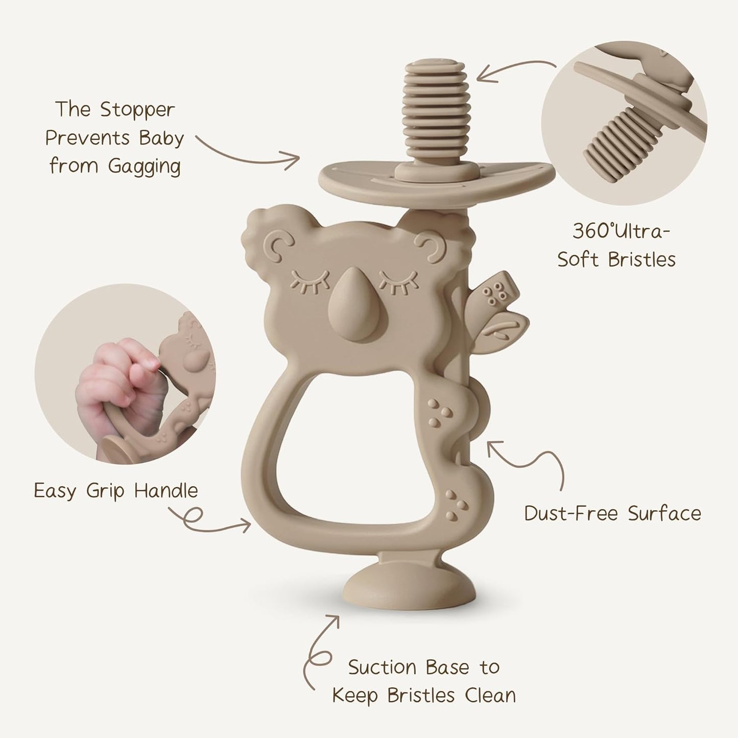 Moonkie Teething Toy, Safe & Easy to Hold BPA Free Silicone Teethers, 360° Baby Toothbrush with Suction Base, Teether Toys Best for Babies 6-12 Months (Koala Warm Taupe)