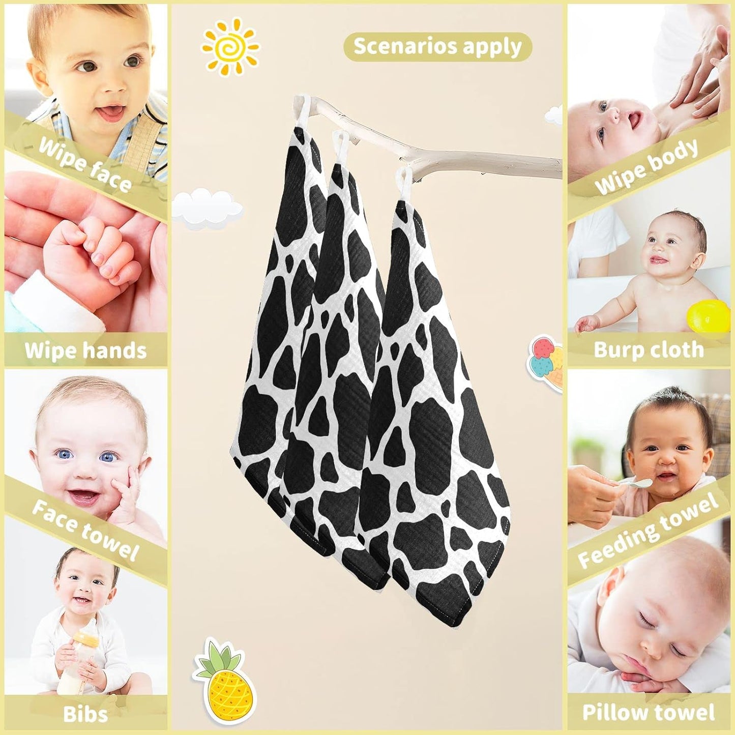 Black White Cow Print Baby Muslin Washcloths Cow Skin Burp Cloths Soft Absorbent Baby Wash Cloth Fingertip Face Towels for Newborn Boys Girls 12 x 12 in, 5 Pack