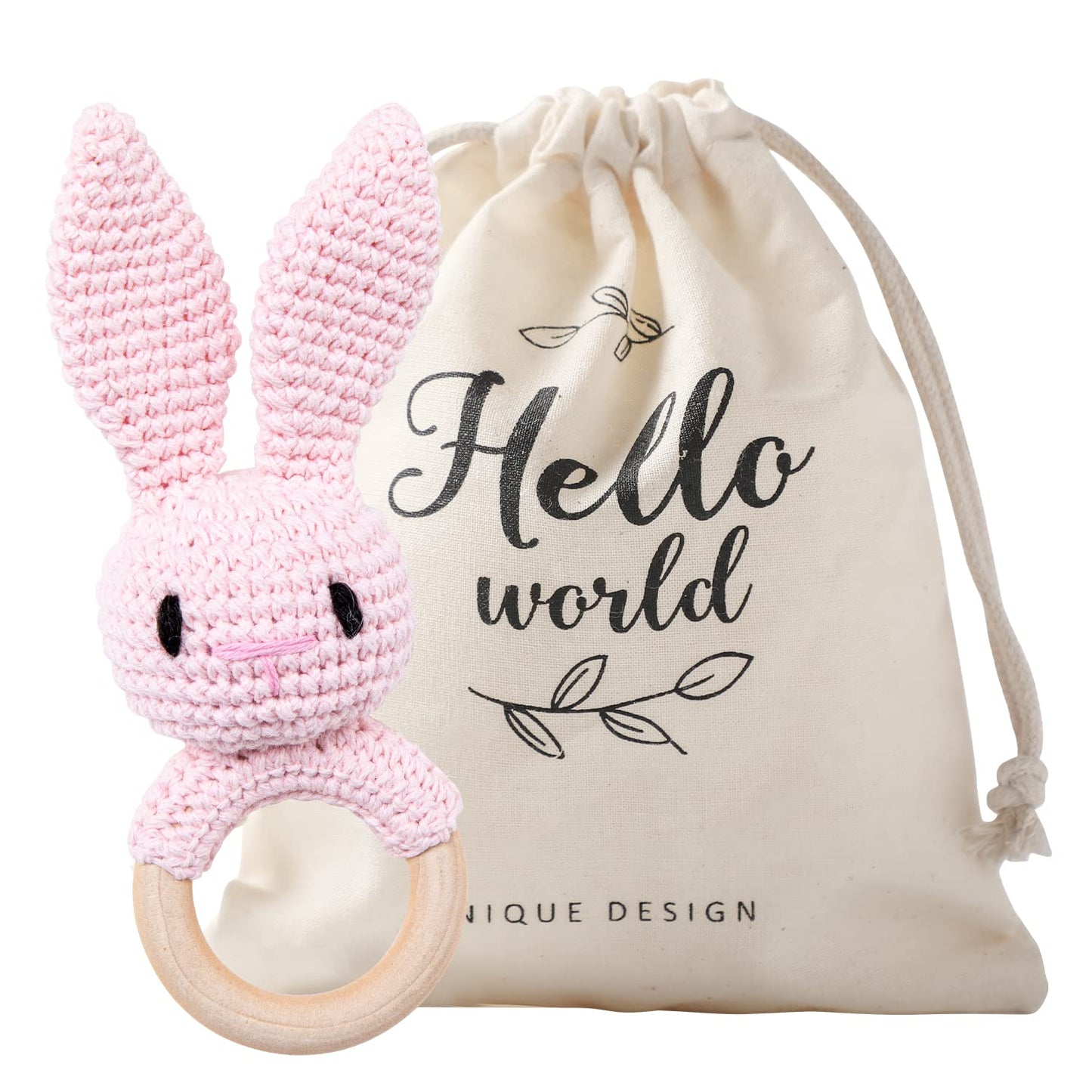 WOODEN TEETHER Crochet Baby Rattle, Crochet Baby Toys, Easter Bunny Rattle, Newborn Animal Rattle Toys，Knitted Stuffed Animals Gifts for Baby, Pink Bunny