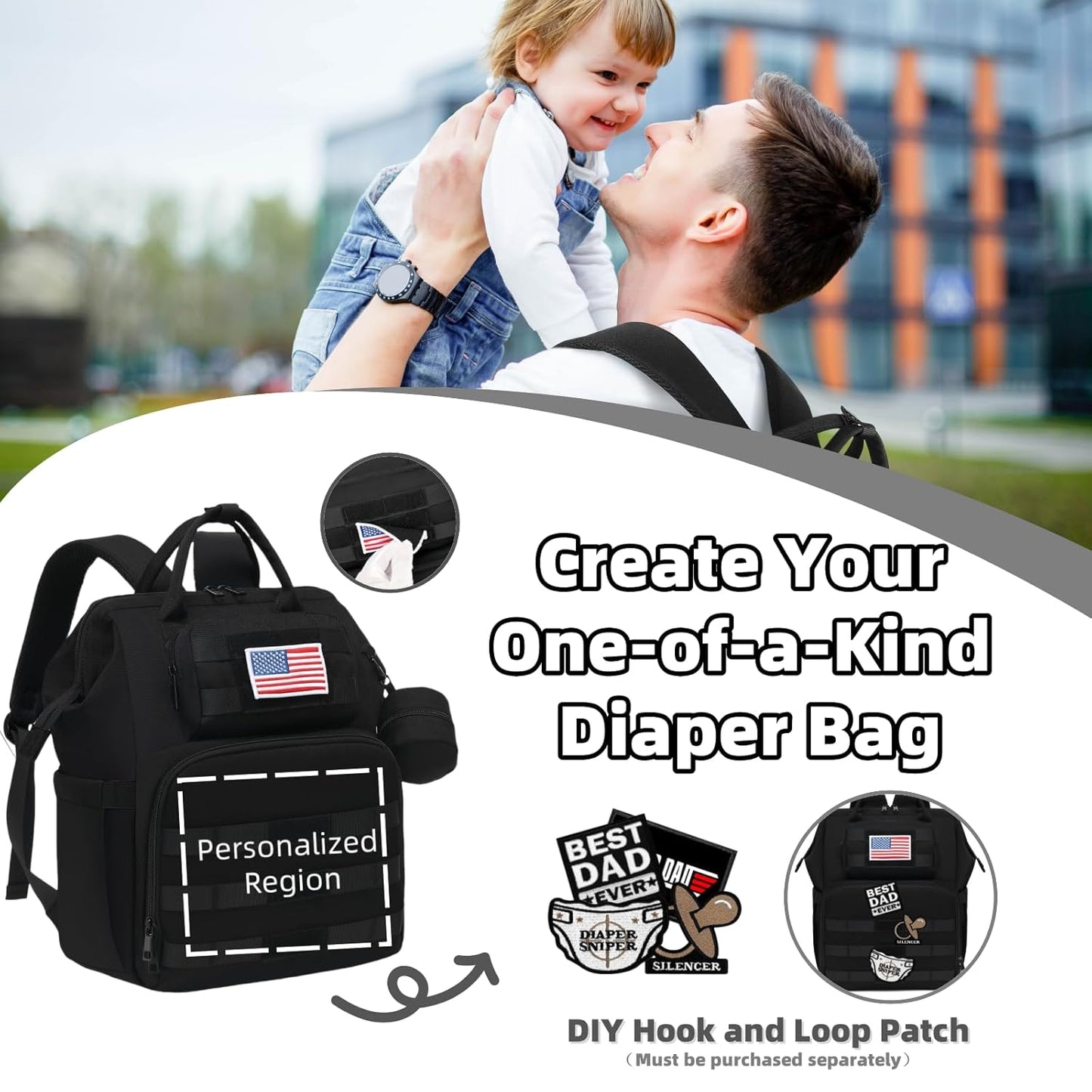 Diaper Bag Backpack for Dad and Men, Large Travel Baby Bag with Changing Pad, Pacifier Case, Removable Flag Patch - Baby Shower Gifts - Shadow Black