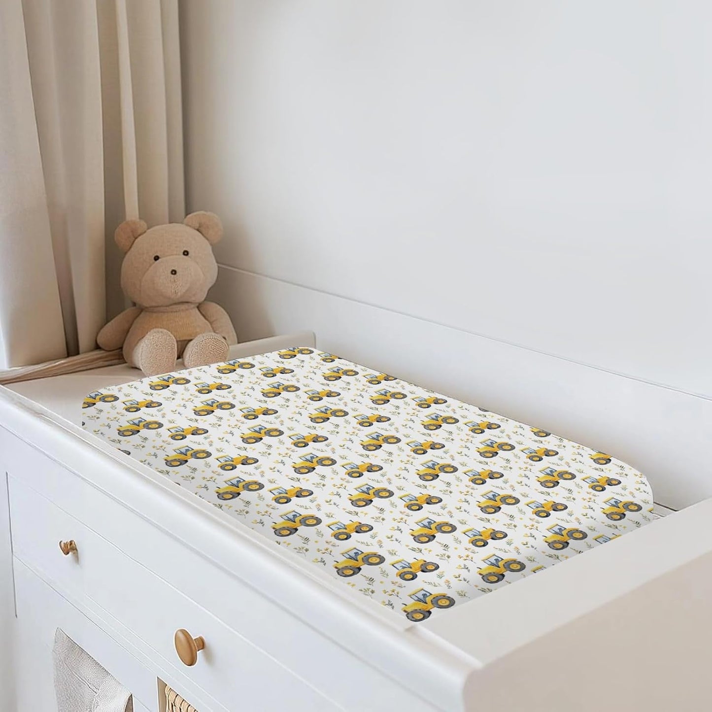 Watercolor Yellow Tractors Baby Changing Pad Covers for Boy Girl Farm Tractors Boho Leaves Fitted Change Table Mats Farm Life Soft Diaper Change Table Cover Sheets for 32''×16'' Contoured Pad