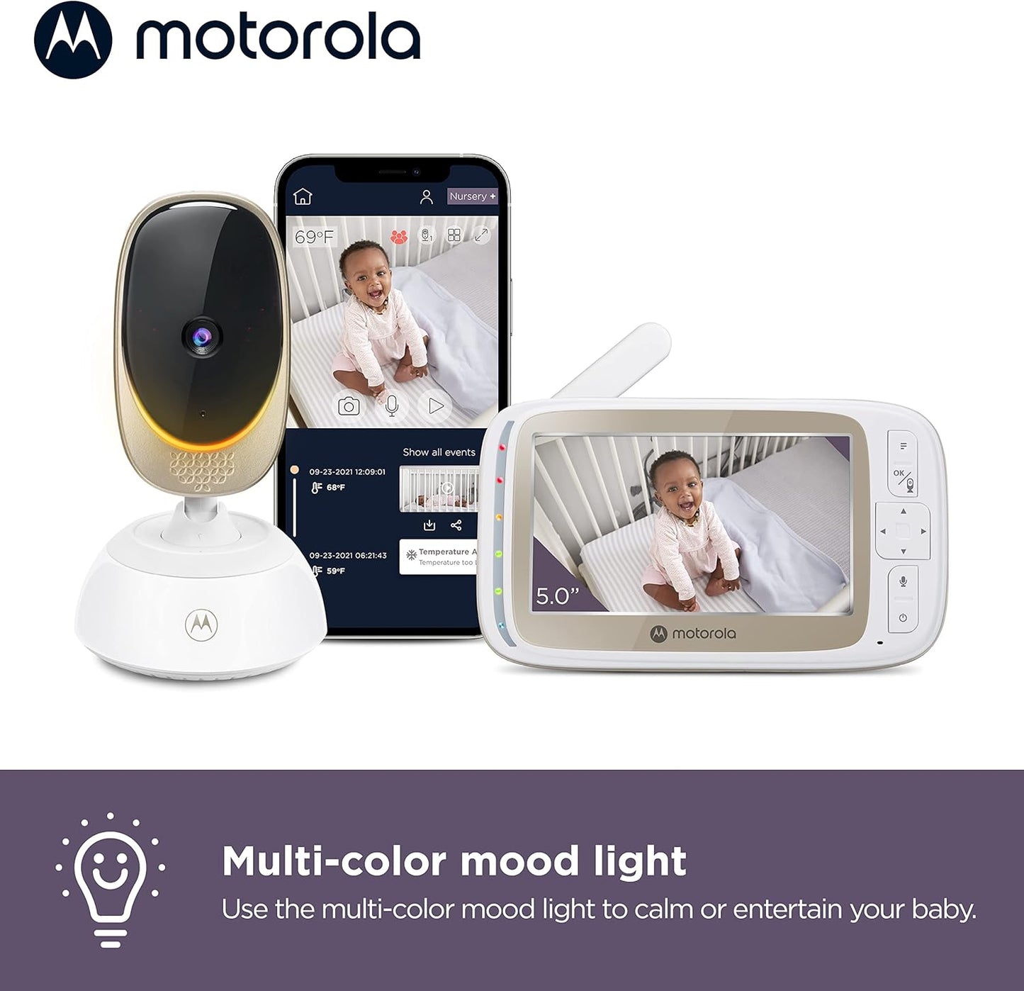 Motorola Nursery WiFi Baby Monitor with Camera and Audio, 2-Way Audio, Remote Zoom & Pan, Temperature Sensor, Night Vision, 10 Lullabies, Mood Light, 1000ft Range, VM85