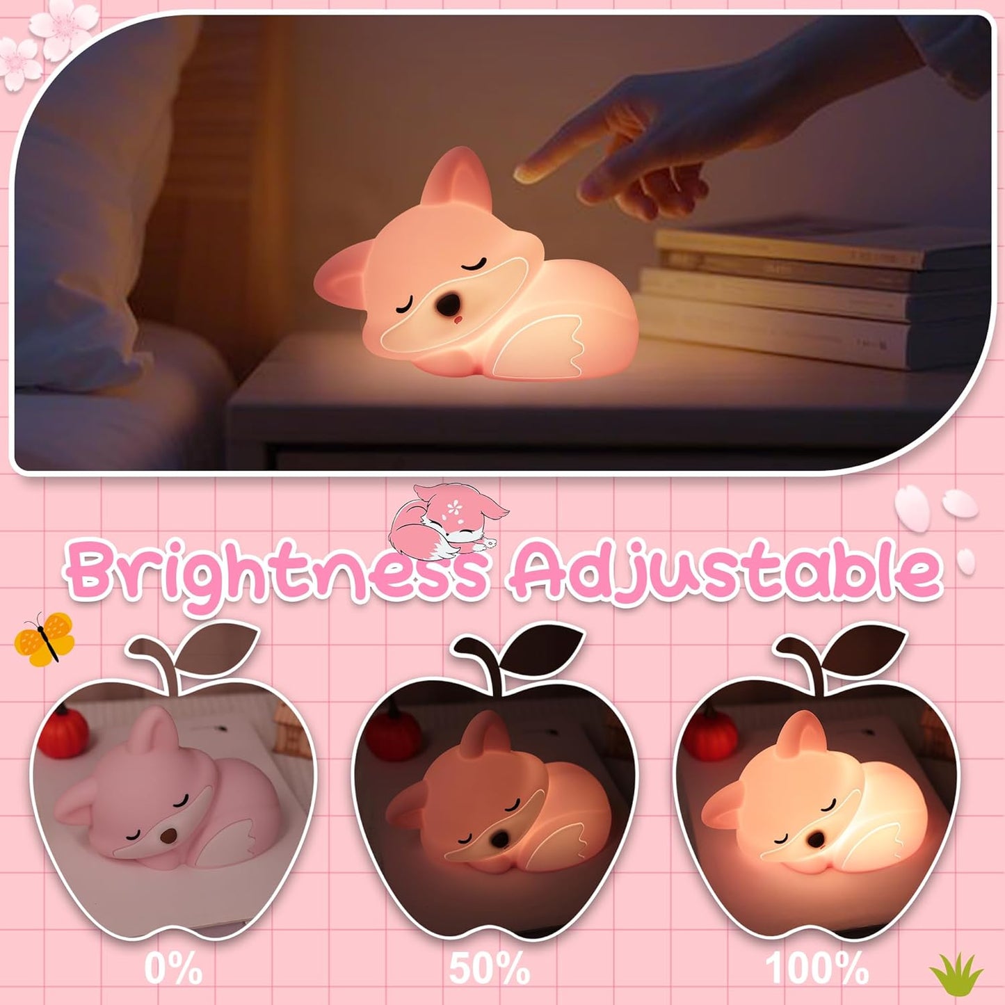 Fox Lamp for Girls, Pink Silicone Squishy Fox Shaped, 20 Mins Auto-Off Rechargeable Dimmable Night Light, Fox Gifts for Nursery Baby Girl Women, Christmas Idea