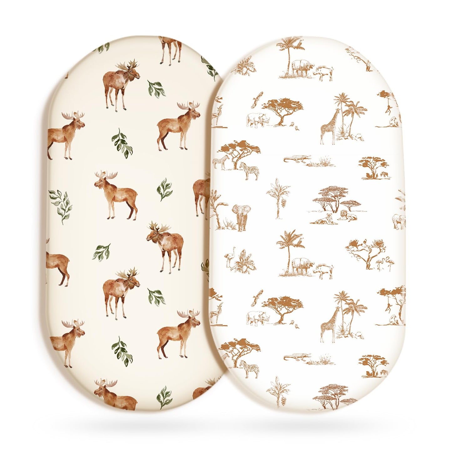 GRSSDER Ultra Soft Bassinet Sheets 2 Pack, Stretchy Breathable Knit Bassinet Mattress Sheets for Baby, Universal Fitted Baby Cradle Moses Basket Oval Rectangle Mattresses Safe and Snug, Animals Print