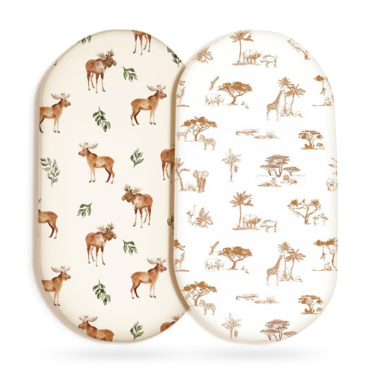 GRSSDER Ultra Soft Bassinet Sheets 2 Pack, Stretchy Breathable Knit Bassinet Mattress Sheets for Baby, Universal Fitted Baby Cradle Moses Basket Oval Rectangle Mattresses Safe and Snug, Animals Print