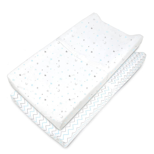 American Baby Company 2 Pack Printed 100% Cotton Knit Fitted Contoured Changing Table Pad Cover - Compatible with Mika Micky Bassinet, Blue Stars and Zigzag, for Boys and Girls