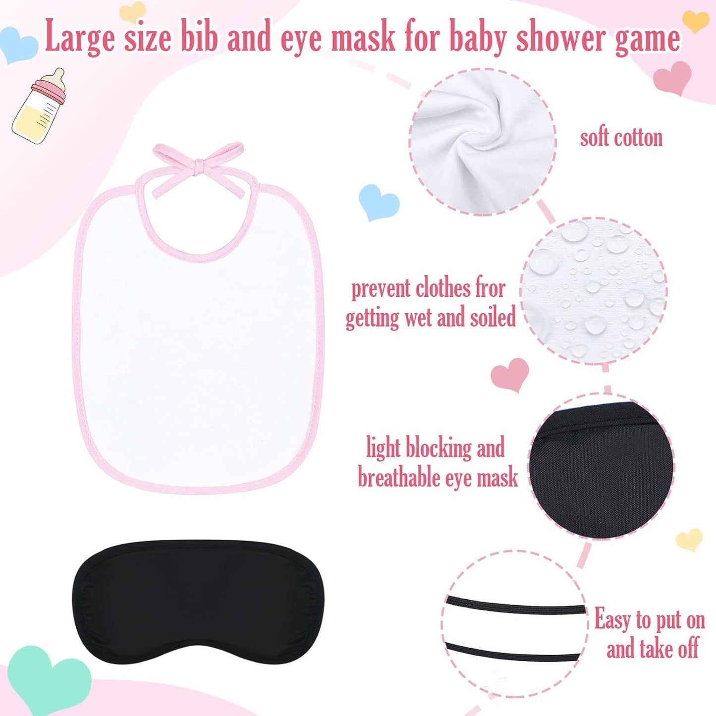 Leinuosen 24 Pcs Baby Shower Blindfold Feeding Game Set Include 6 Plastic Chug Bottles 6 Bib and 12 Eye Mask Blindfold Baby Feeding Bottle Chug Game for Adult Gender Reveal Party Supplies(Pink)