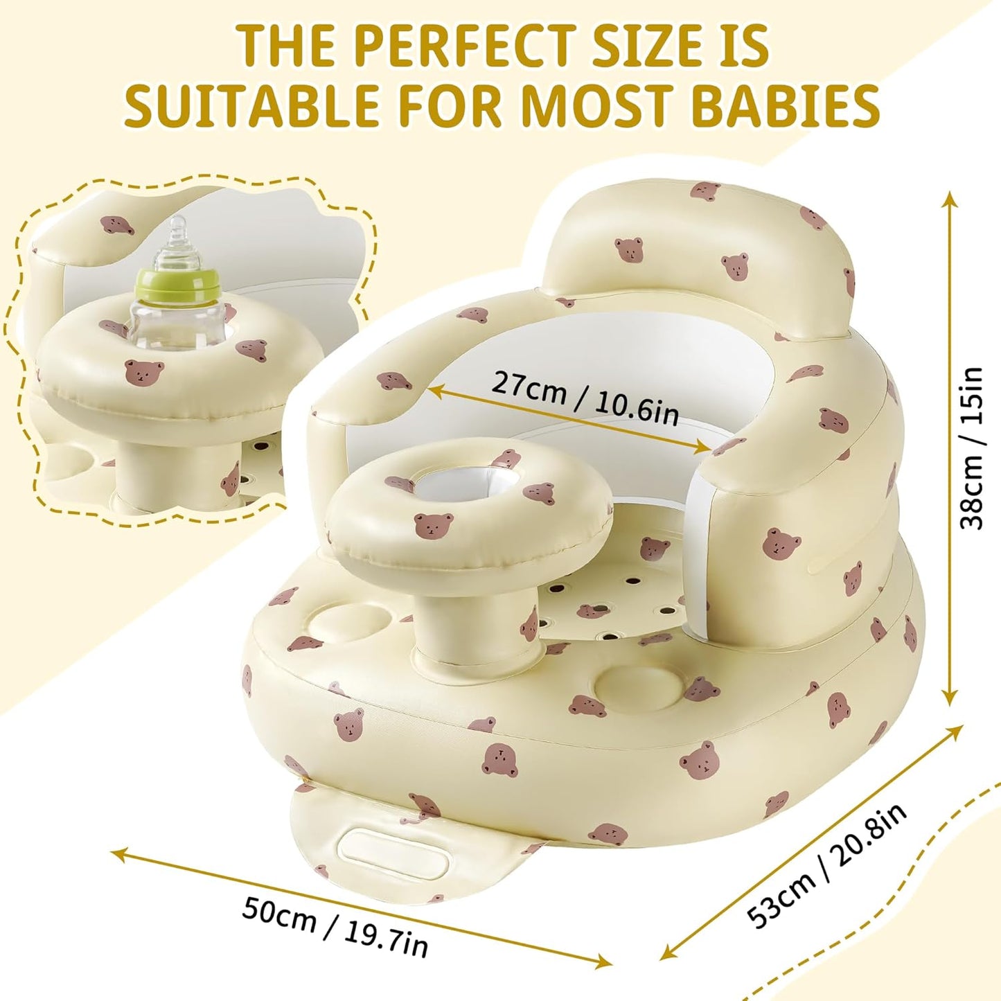 Inflatable Baby Seat for Babies 3 Months & Up, Baby Sit Up Chair Blow Up Baby Floor Seats with Tray, Built in Air Pump Infant Support Seat Perfect for Home Floors (Bear with Tray)