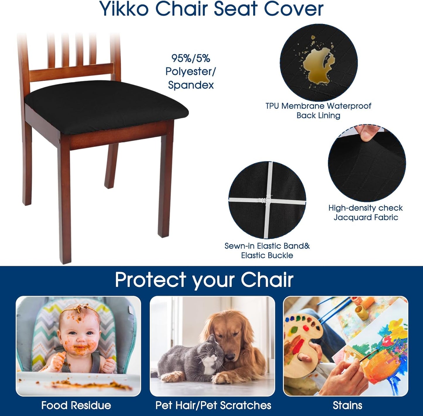 Yikko Chair Seat Covers, High-Density Check Jacquard Ekedalen Seat Covers for Dining Kitchen Restaurant Banquet, Stretch Removable Washable Chair Seat Cushion Protector (4, Black)