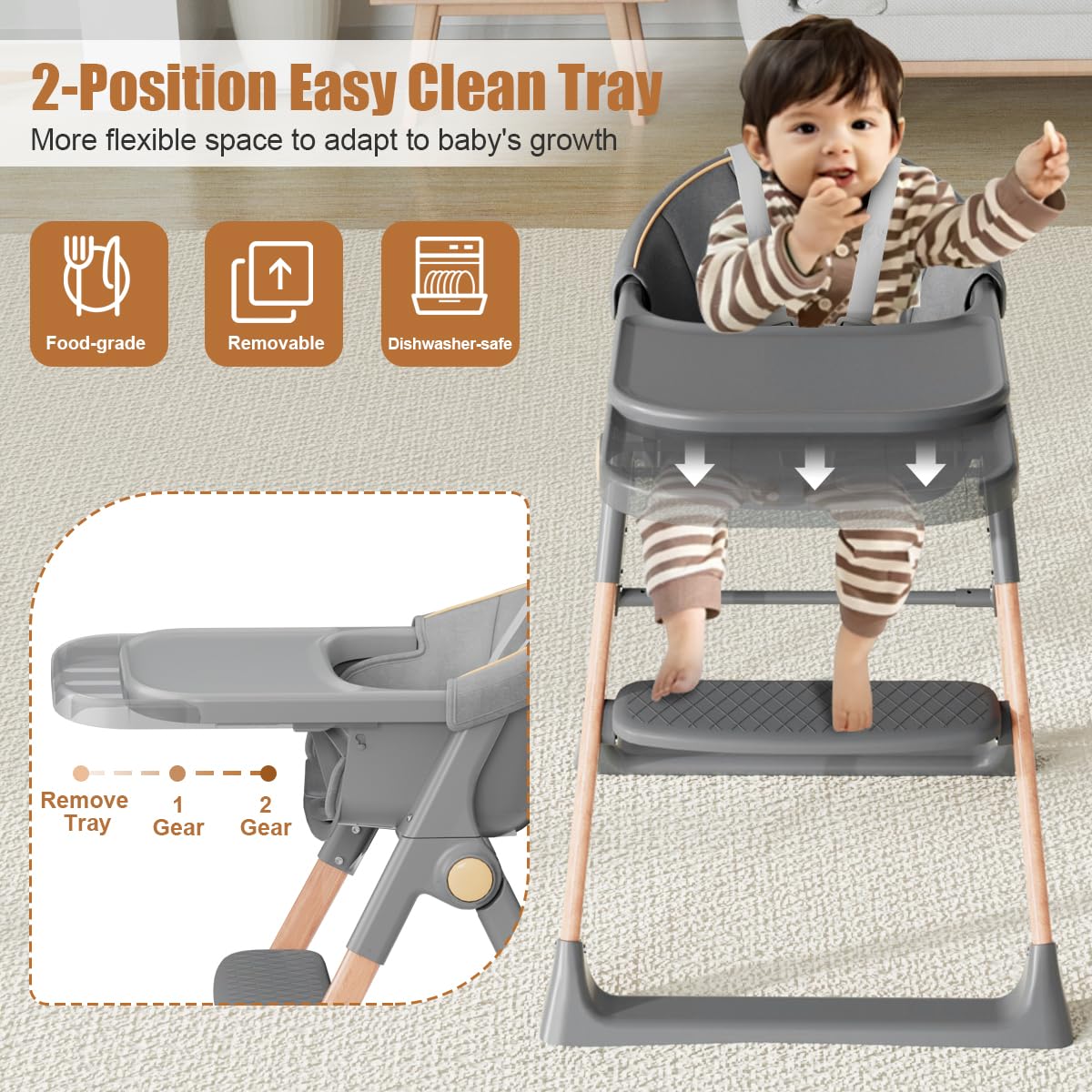 Baby High Chair, High Chairs for Babies and Toddlers, Convertible Folding High Chair with Wheels, Removable Tray 5 Point Harness Footrest Detachable PU Cushion, Portable Highchair for Baby Toddlers