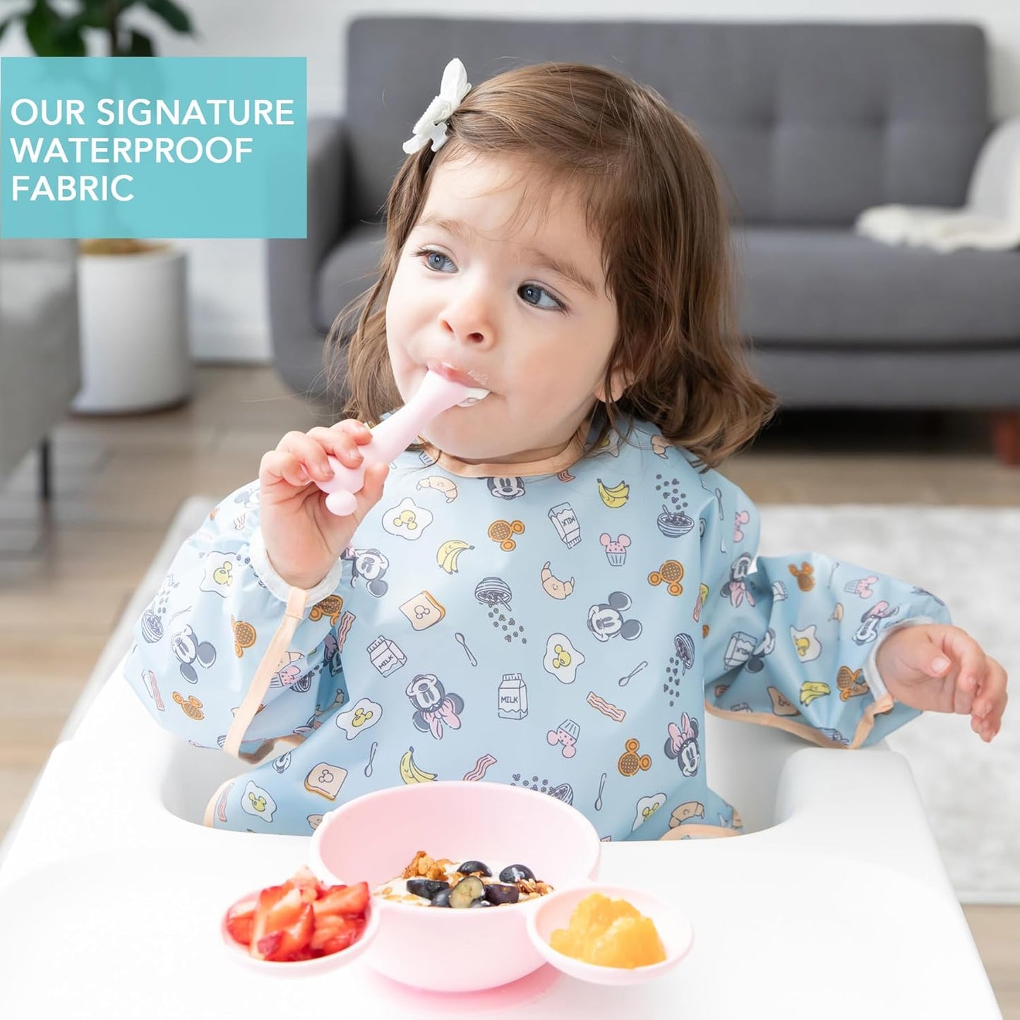 Bumkins Disney Sleeved Bib for Girl or Boy, Baby and Toddler for 6-24 Mos, Essential Must Have for Eating, Feeding, Baby Led Weaning Supplies, Long Sleeve Mess Saving Food Catcher, Mickey and Minnie