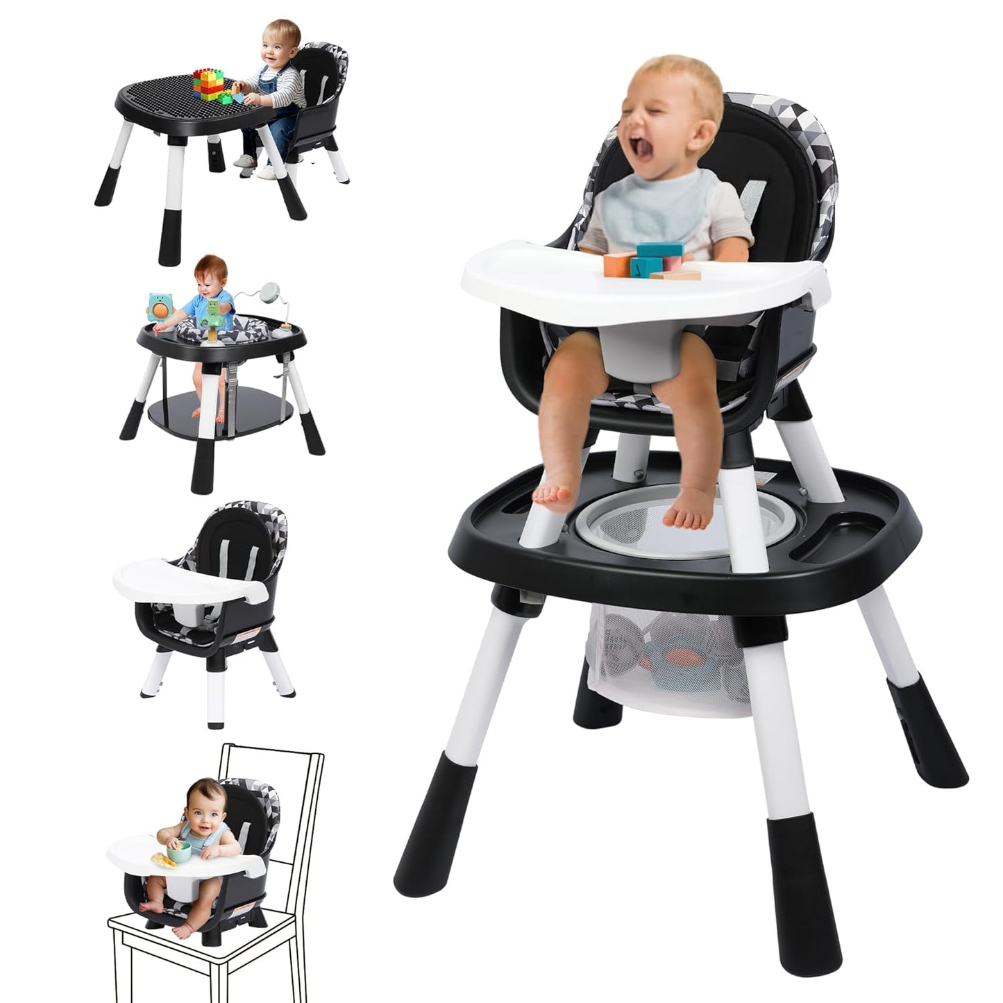 Xilingol 15-in-1 Convertible High Chair, 2-in-1 Baby Highchair & Activity Center W/Toys, Booster Seat | Building Block Table | Toddler Chair W/Removable Tray & 5-Point Harness & 2-Layer Cushion(Black)