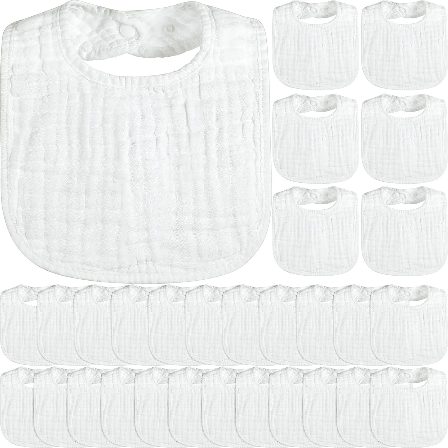 Reginary 30 Pack White Muslin Baby Bibs Bulk Adjustable 6 Layers Baby Bandana Drool Bibs for Boys Girls Newborn Cotton Soft Absorbent Muslin Burp cloth for Drooling and Teething