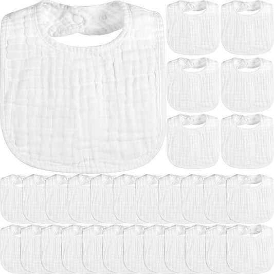 Reginary 30 Pack White Muslin Baby Bibs Bulk Adjustable 6 Layers Baby Bandana Drool Bibs for Boys Girls Newborn Cotton Soft Absorbent Muslin Burp cloth for Drooling and Teething