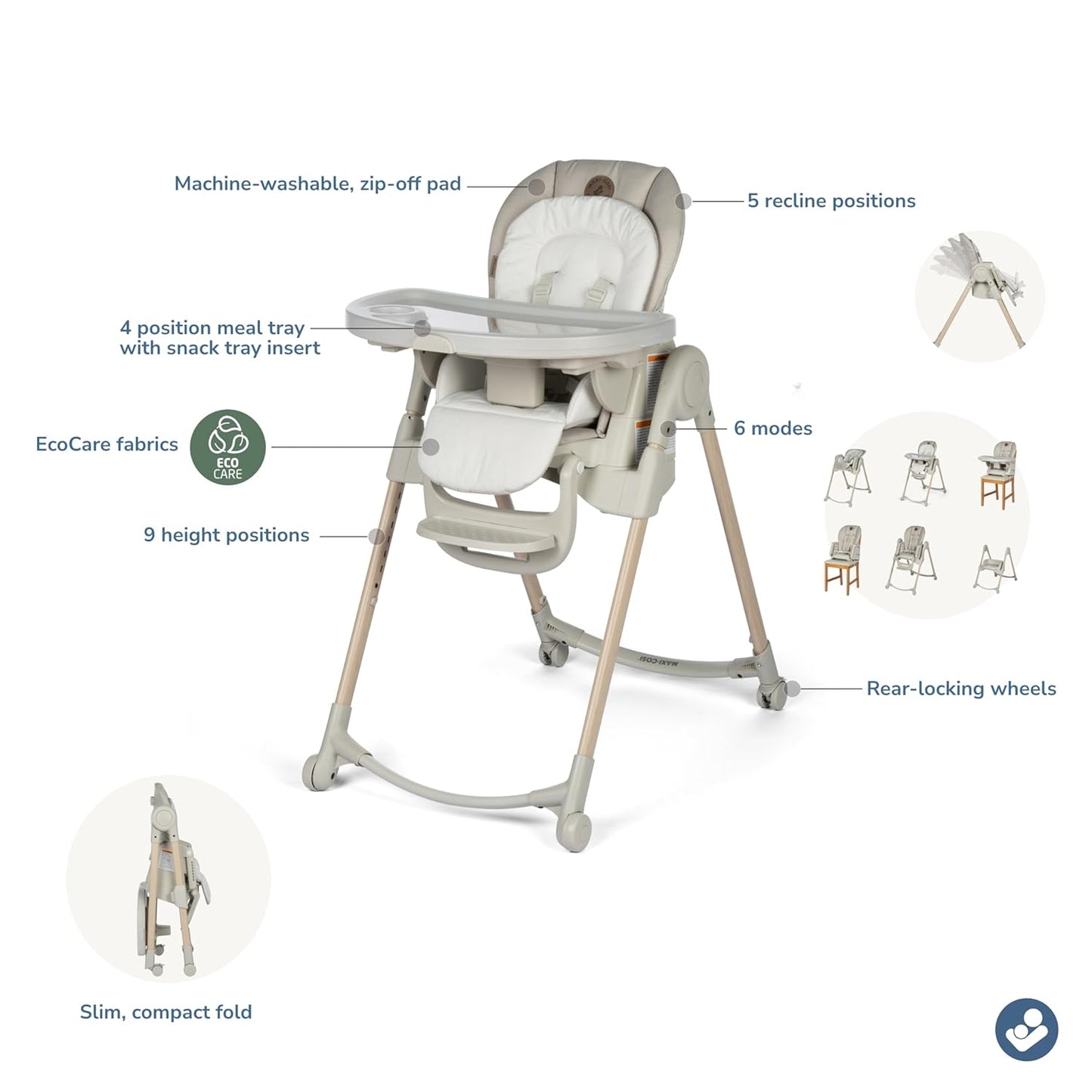 Maxi-Cosi Minla 6-in-1 High Chair for Babies & Toddlers, Portable Foldable Highchair, EcoCare Fabric, 9 Heights, 5 Reclines, 4 Tray Positions, Classic Oat
