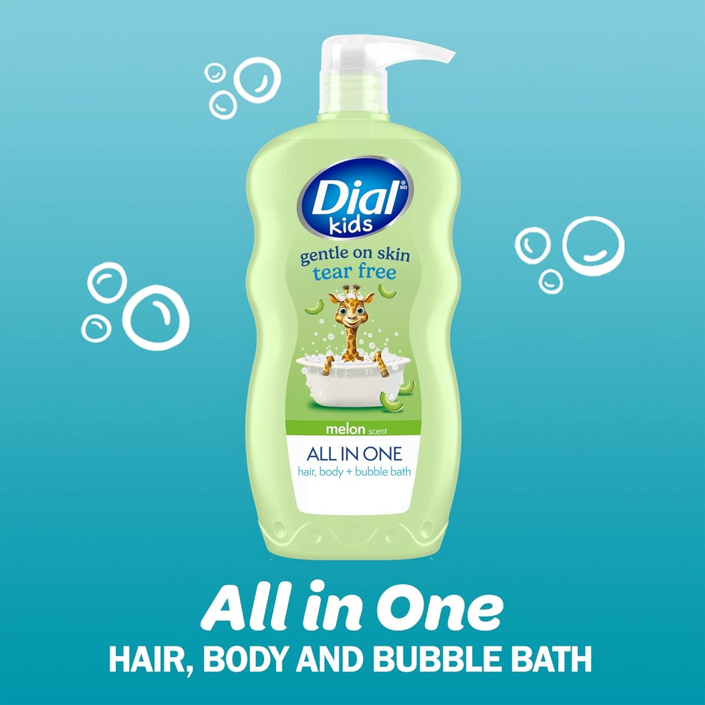 Dial Kids All-in-1 Body Wash + Hair + Bubble Bath, Melon Scent, 24 Fl Oz, Pack of 4, Hypoallergenic Body Wash & Shampoo, No Tears Formula for Kids 2+ Years, No Parabens & Silicones
