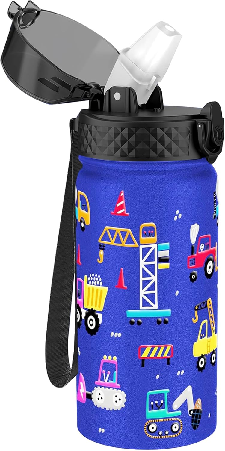 GOPPUS Kids Water Bottle (Straw Lid) - 14 Oz Stainless Steel Travel Bottle, Double Wall Vacuum Leak Proof Kids Cup for School Boys Girls,Blue engineering car