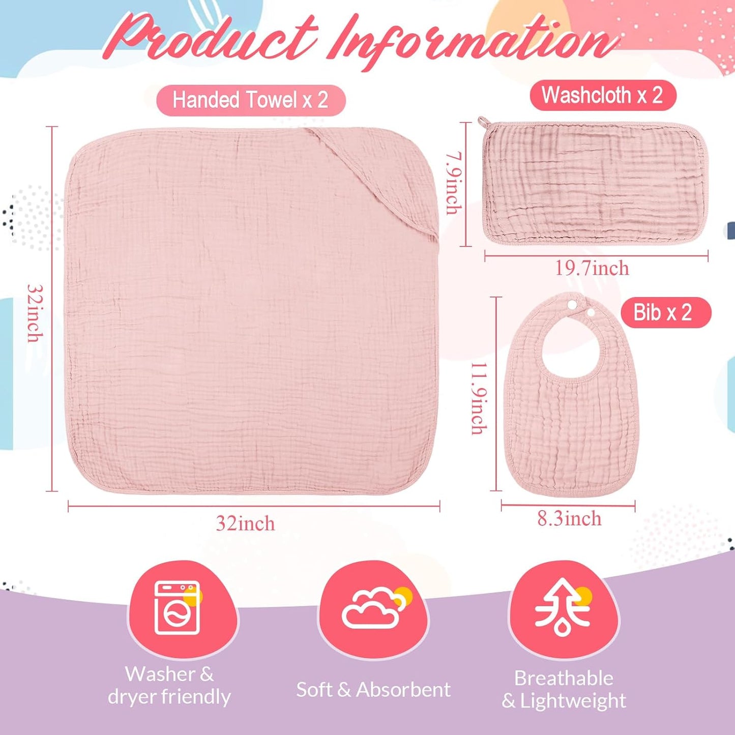 6 Pcs Muslin Hooded Bath Towels Washcloths and Bibs Set, Muslin Cotton Baby Towels Absorbent Hooded Blanket Towel Infant Bibs for Boys Girls Newborn Infant Essentials(Pink, Purple)