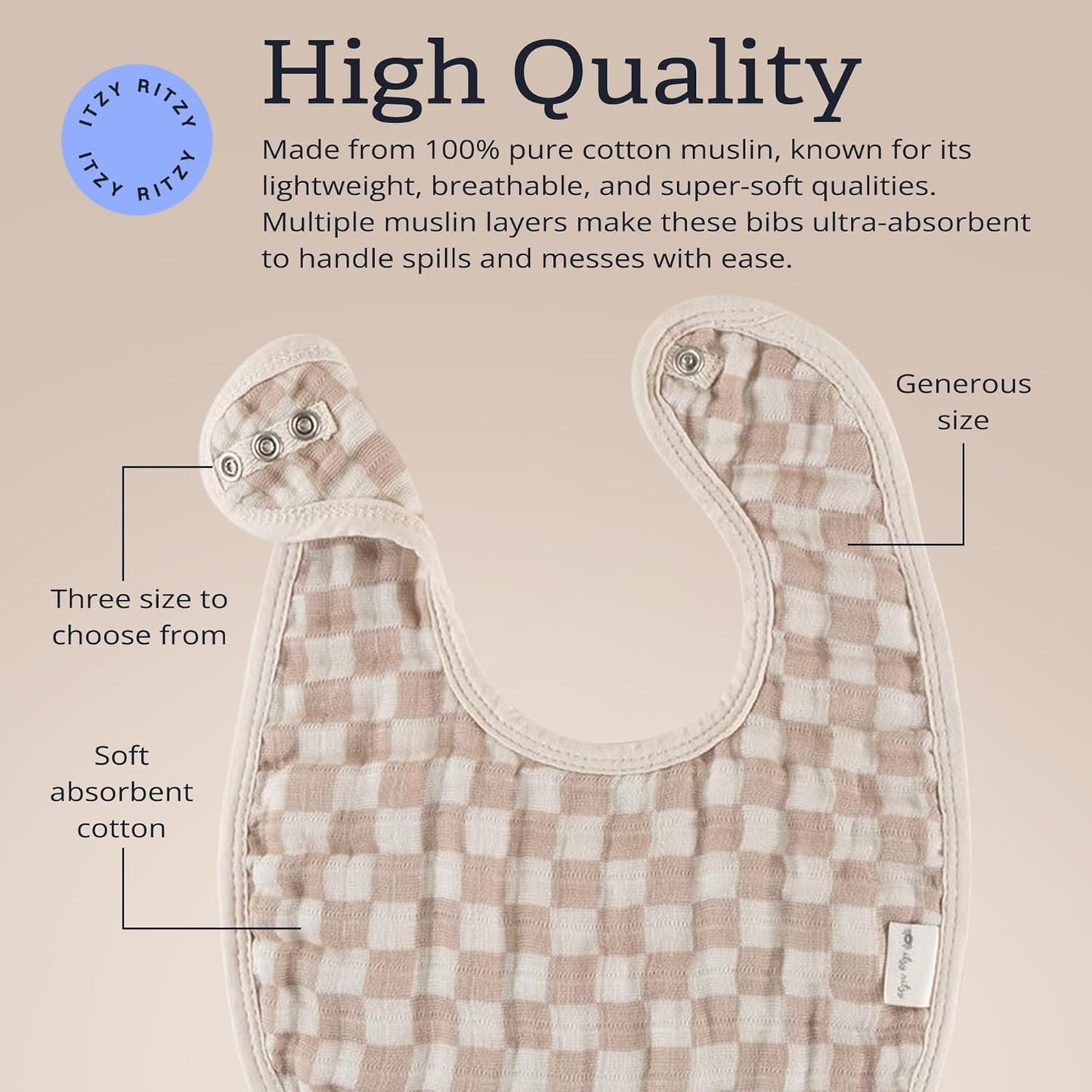 Itzy Ritzy Set of 3 Baby Bibs - Ultra-Soft Adjustable Infant & Toddler Bibs Made of Triple-Layer Cotton Muslin, Ideal for Drooling, Teething, & Eating -3 Stylish, Coordinating Prints (Checkerboard)