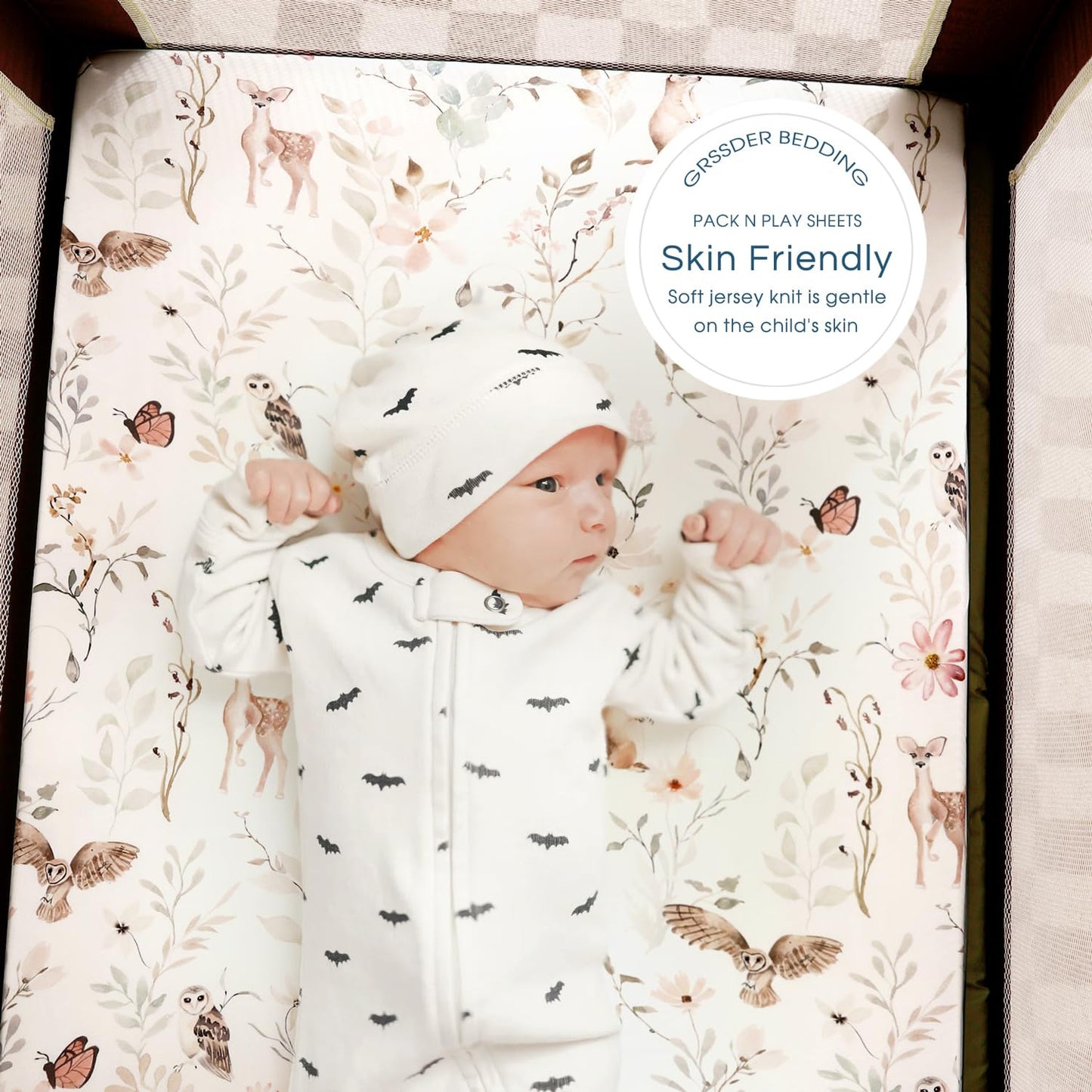 Stretchy Ultra Soft Jersey Knit Fitted Pack n Play Sheets 3 Pack, Portable/Mini Crib Sheets for Girls, Universal Fit for Pack N Plays Safe and Snug, Beautiful Blush Pink Floral and Cute Animals Print