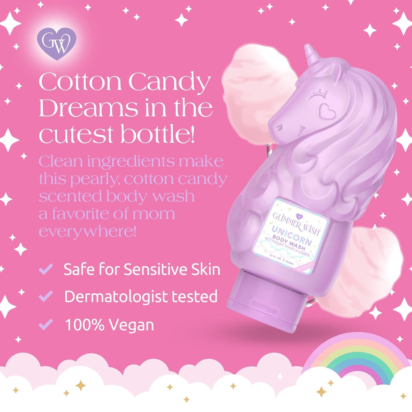 Glimmer Wish Unicorn Kids Body Wash, Gentle Cleanser and Moisturizing Sulfate Free Body Wash, Skin Care for Kids, Vanilla Cotton Candy, 12 Fl Oz